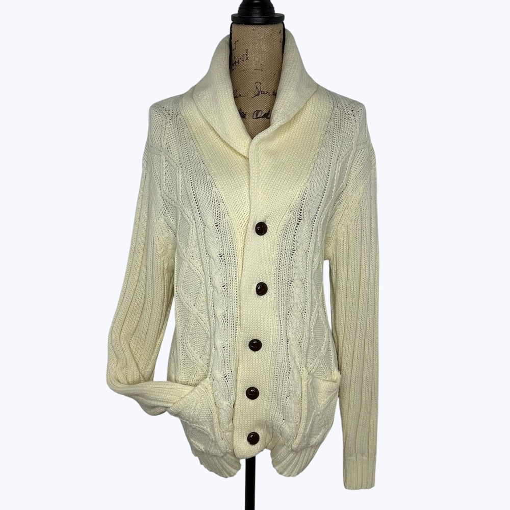 Vintage Unicorn Cable Knit Cardigan Sweater Cream Shawl Collar Fisherman Sz M